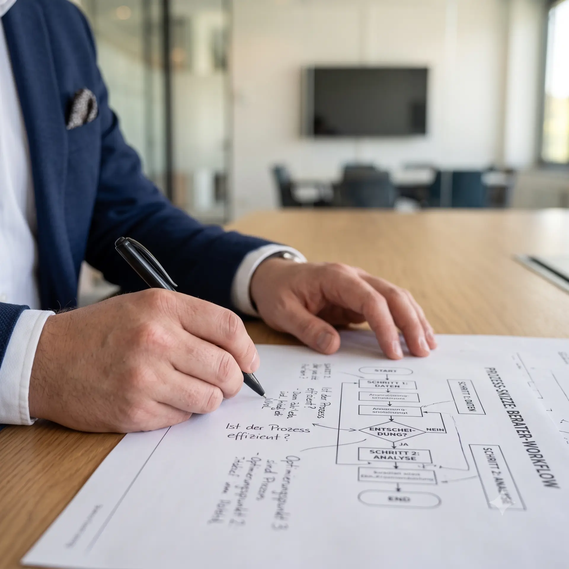Prozess-Skizze für einen Berater-Workflow auf Papier